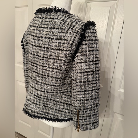 MILLY Black and White Plaid Fringe Houndstooth Wool Blazer Size 6 - Picture 8 of 11